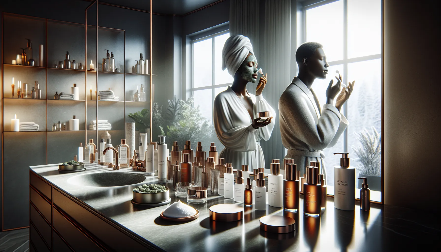 diverse women enjoying a skincare routine in a modern bathroom.