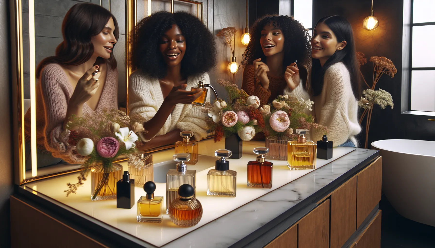 diverse women discussing holiday fragrances in a modern bathroom.