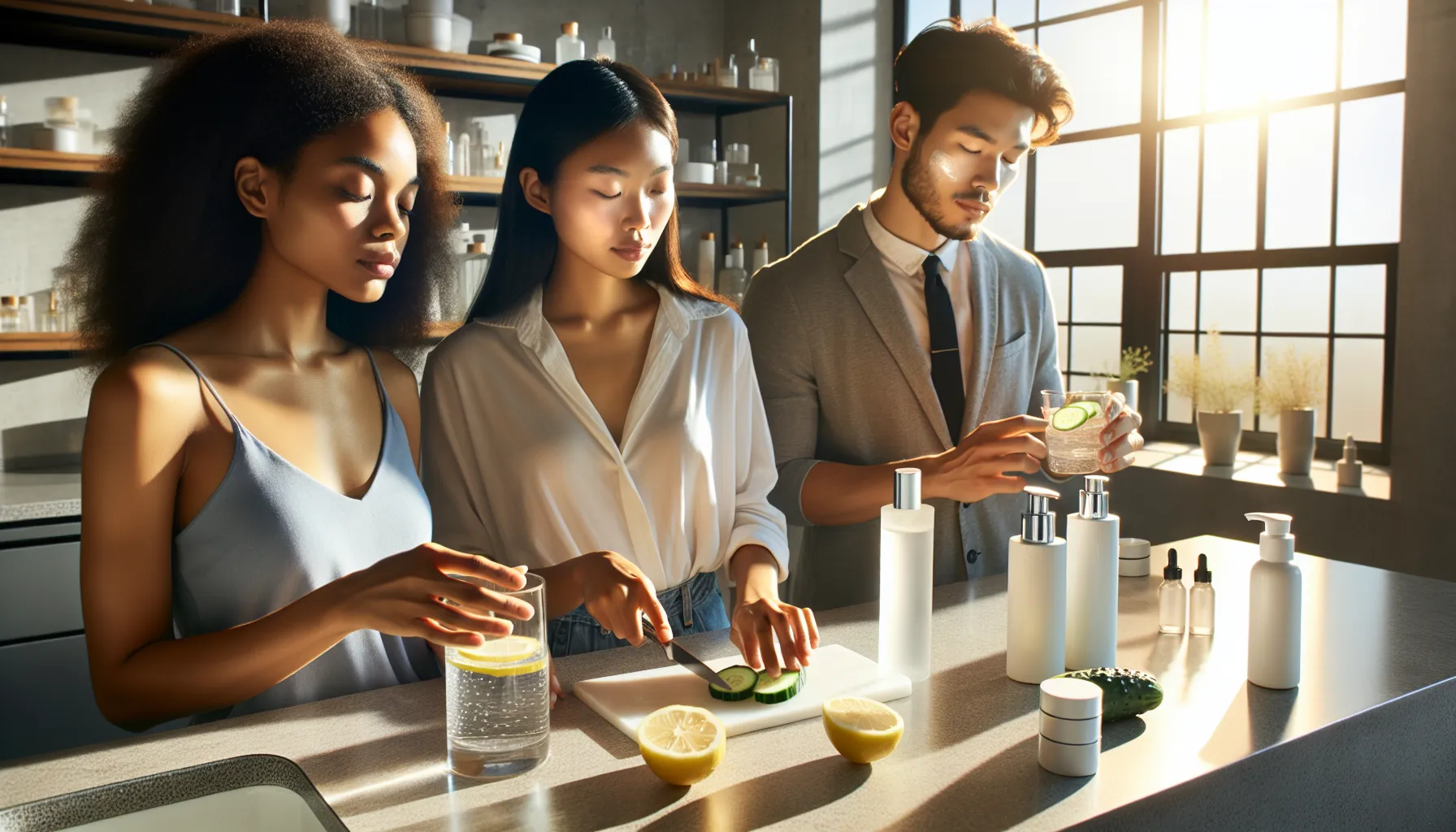 diverse group applying summer beauty hydration tips in a modern bathroom.
