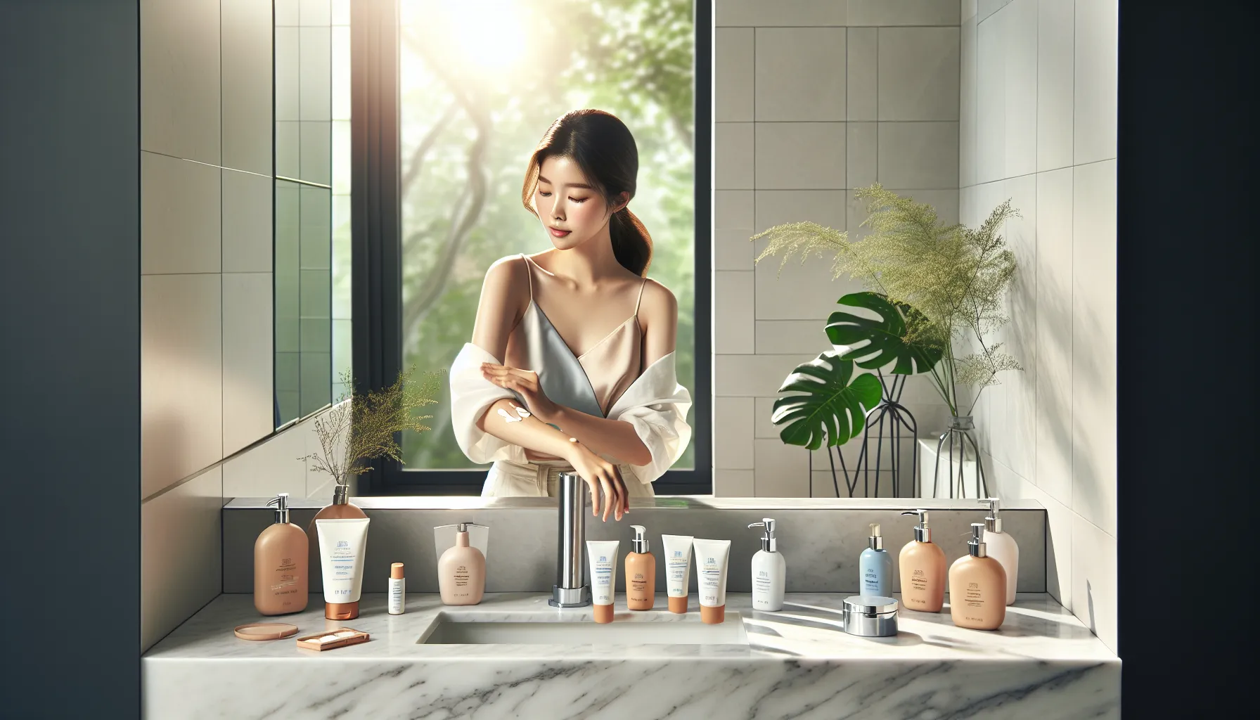 woman applying sunscreen in a bright, modern bathroom.